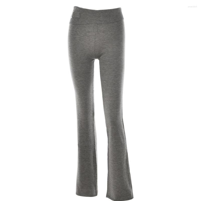 Women's Knitted Two Piece Pants Set - Long Sleeve Crop Sweatshirt & Skinny Blue, Gray Blue/Gray B4