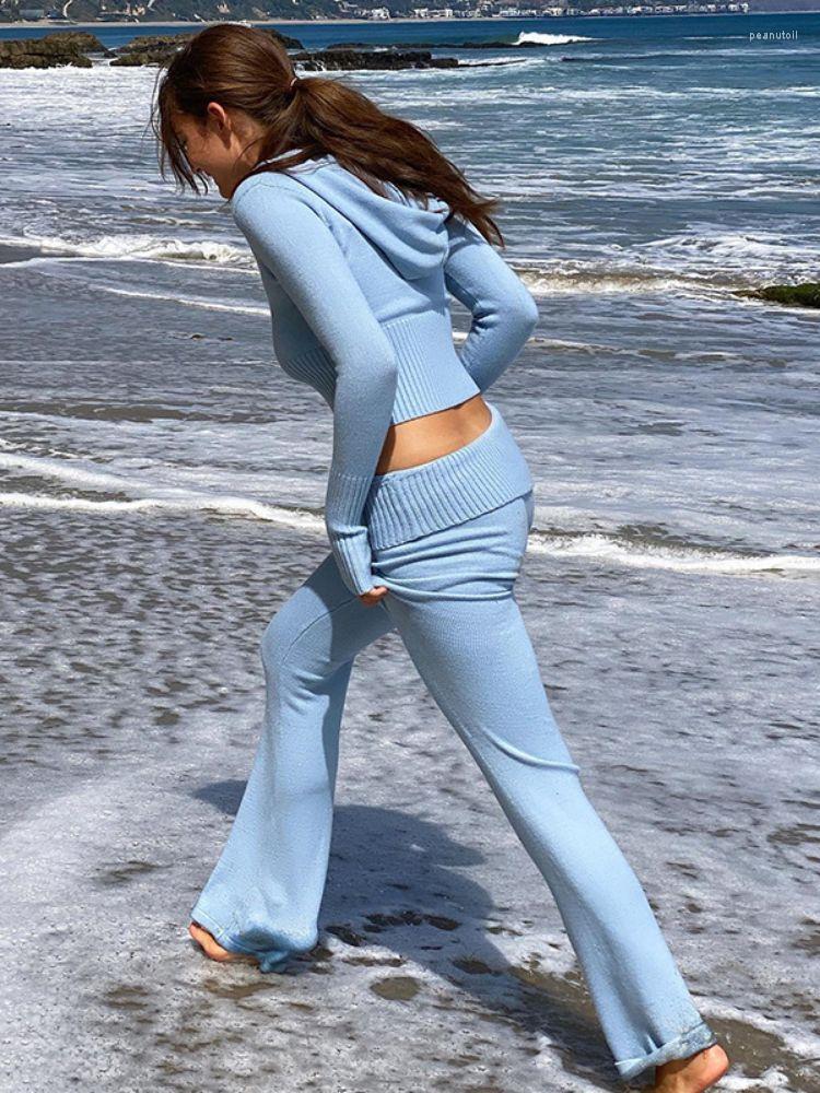 Women's Knitted Two Piece Pants Set - Long Sleeve Crop Sweatshirt & Skinny Blue, Gray Blue/Gray B4