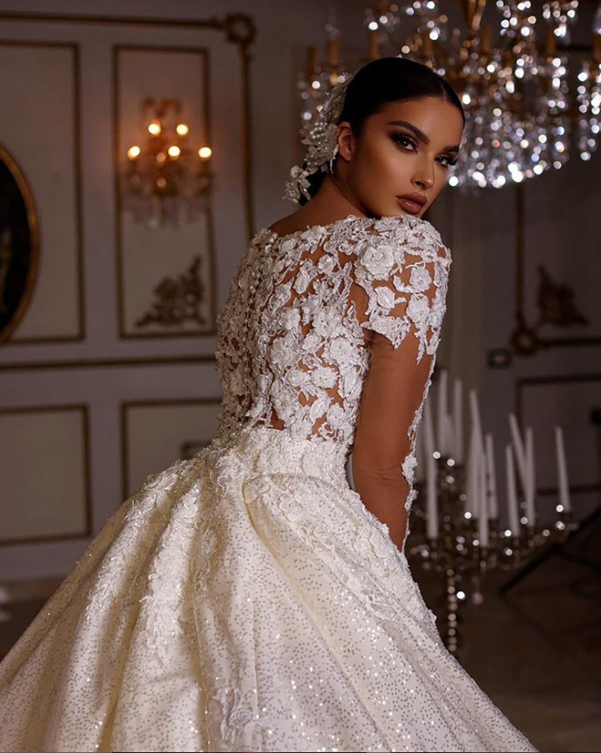 Glamorous Ball Gown Wedding Dresses V-Neck Lace Long Sleeves 3D-Floral Applicants Sequins Organza Chapel Gown Custom Made Plus Side Vestidos De Novia