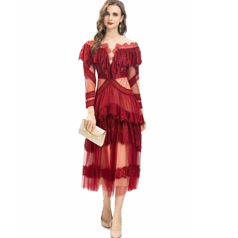 Women's Runway Dresses O Neck Embroidery Ruffles Long Sleeves Elegant Fashion Mid Vestidos, Red
Women's Runway Dresses O Neck Embroidery Ruffles Long Sleeves Elegant Fashion Mid Vestidos, Red