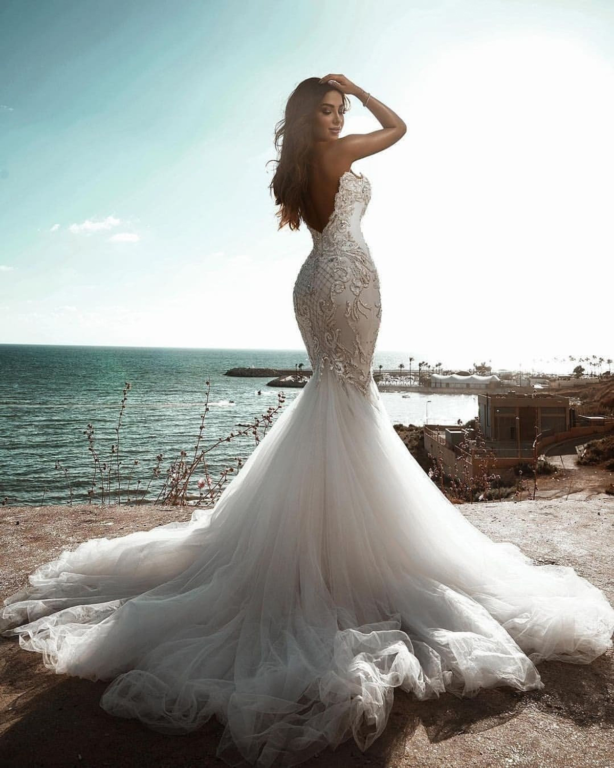 Elegant Mermaid Wedding Dresses Sweetheart High Waist Sleeveless Beaded Applicants Backless Net Court Gown Zipper Custom Made Plus Size Vestidos De No
