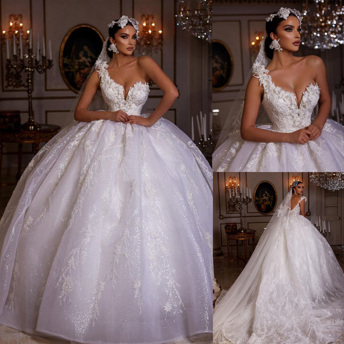 Glamorous Ball Gown Wedding Dresses V-Neck One Shoulder Lace 3D-Floral Applicants Backless Tulle Chapel Gown Custom Made Plus Side Vestidos De Novia