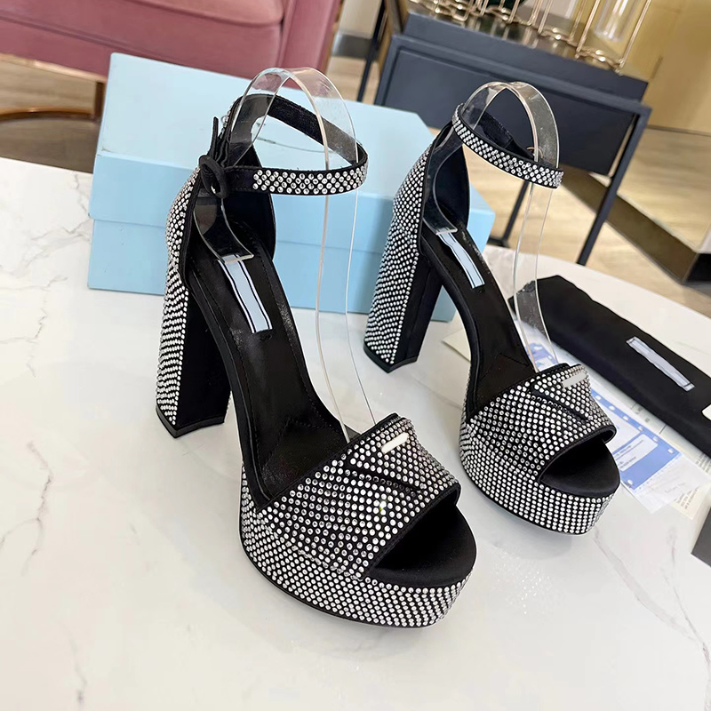 Sandals for women Designer Classic triangle buckle womens high heeled dress shoes Fashion Ankle Strap 13CM heels Genuine Leather platform heel Sandal, Green