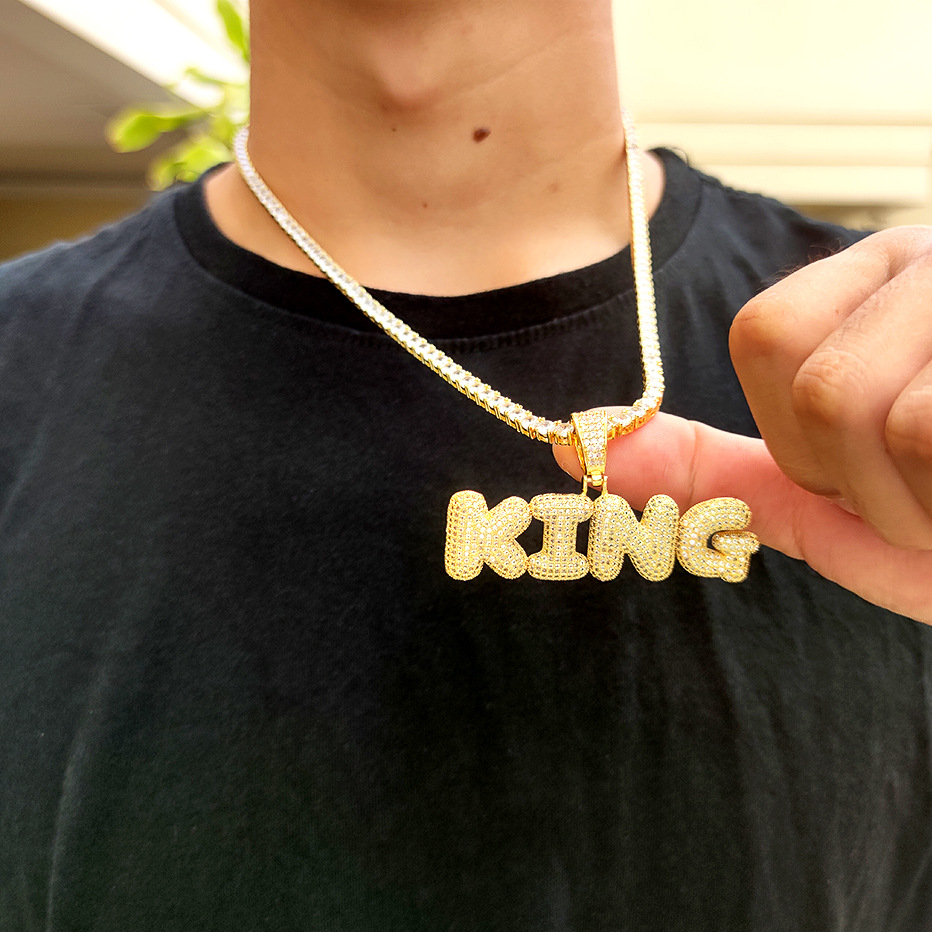 TopBling A-Z Custom Name Bubble Letters Pendant Necklace Bling Full Zircon Hip Hop Jewelry