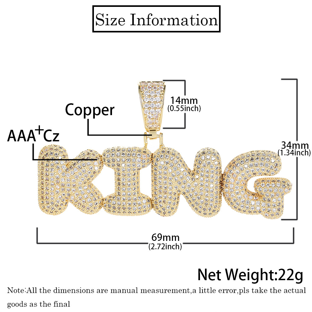TopBling A-Z Custom Name Bubble Letters Pendant Necklace Bling Full Zircon Hip Hop Jewelry