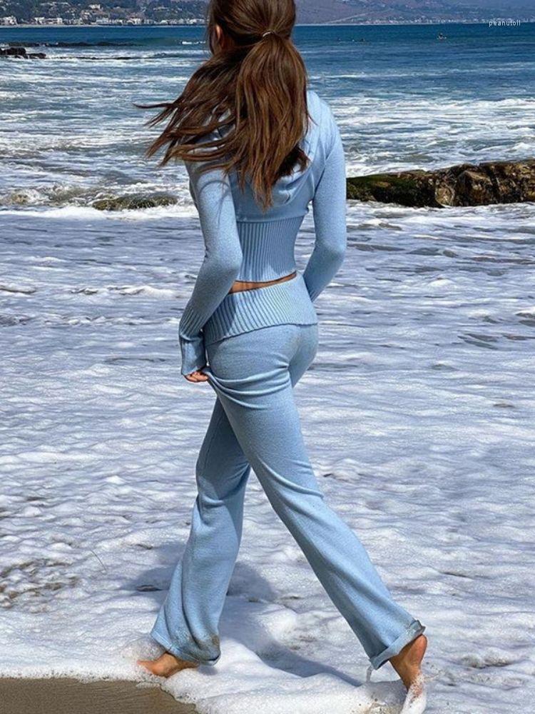 Women's Knitted Two Piece Pants Set - Long Sleeve Crop Sweatshirt & Skinny Blue, Gray Blue/Gray B4