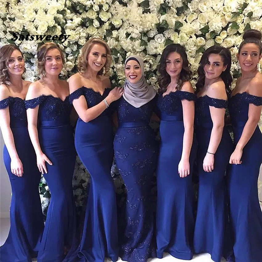 Navy Blue Mermaid Bridesmaid Off Shoulder Chiffon Satin Garden Wedding Guest Party Dresses Boho Maid Of Honor Prom Gowns