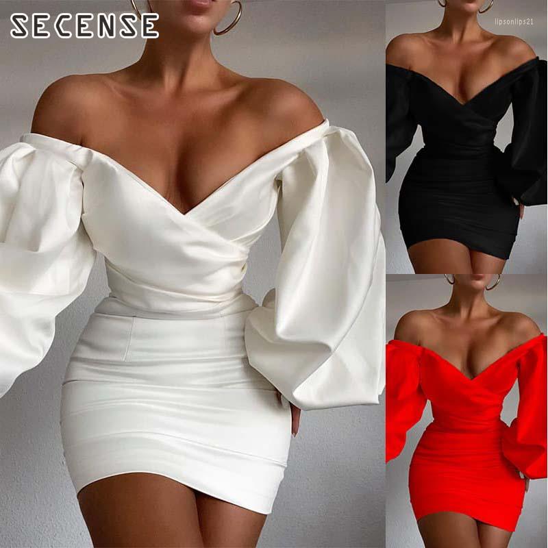 Casual Dresses Off Shoulder Bodycon Satin V Neck Latern Sleeves Pink White Black Mini Dress Women Fashion Sexy Night Club Party SECENSE 
Casual Dresses Off Shoulder Bodycon Satin V Neck Latern Sleeves Pink White Black Mini Dress Women Fashion Sexy Night Club Party SECENSE