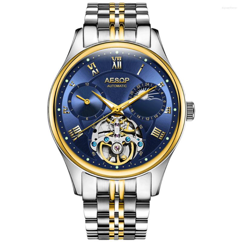 Wristwatches AESOP Wrist Watch Men Luminous Clock Man Automatic Waterproof Mechanical Steel Moon Phase Skeleton Business Relogio Masculino, Silver gold
Wristwatches AESOP Wrist Watch Men Luminous Clock Man Automatic Waterproof Mechanical Steel Moon Phase Skeleton Business Relogio Masculino, Silver gold