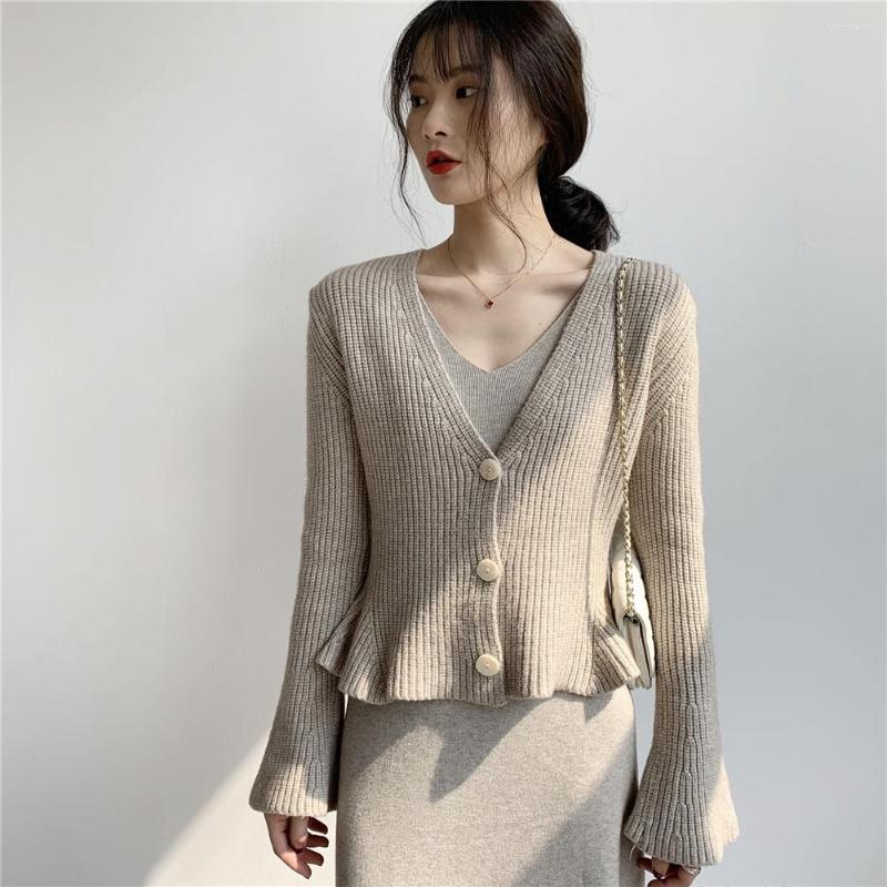 

Women's Knits Ruffled Knitted Cardigan Female Spring And Autumn Casual Slim Flared Sleeve Sweater Coat Women Knit Cardigans NS1991, Black