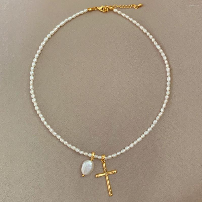 Choker Fashion Necklaces For Women Cross Pendant Beaded Real Pearl Chain