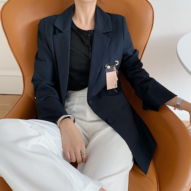 Women' Suits Blazer Vintage With Black Gold Pin Fashion Slit Sleeve Solid Casual Suit Jacket Coat 2023 Autumn Women Clothing, Dark blue 
Women' Suits Blazer Vintage With Black Gold Pin Fashion Slit Sleeve Solid Casual Suit Jacket Coat 2023 Autumn Women Clothing, Dark blue