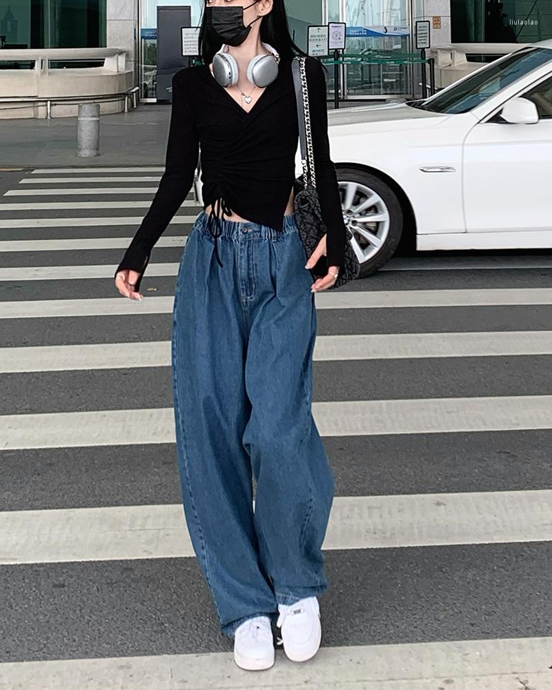 Women's Pants Elastic High Waist Jeans Women's Korean Version Loose Wide Leg Temperament Casual Fashion Street Trousers, Dark blue