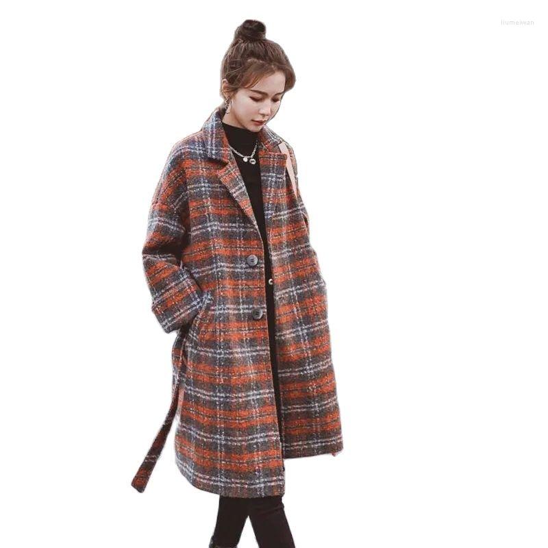 

Women' Wool 2022 Autumn Winter Women Plaid Korean Woolen Coat Female Casual Mid-length Small Retro Loose Temperament Drape Tweed Jacket, Orange grid