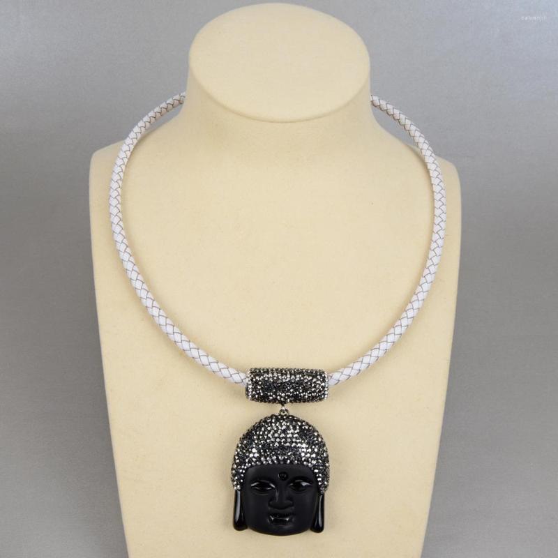 Pendant Necklaces 19" Black Jasper Buddha White Leather Choke Necklace