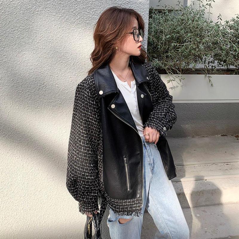 Women' Leather Jacket Women Fashion Chic Spring Fall Style Small Fragrant Wind Tweed Stitching PU Loose Short, Black
Women' Leather Jacket Women Fashion Chic Spring Fall Style Small Fragrant Wind Tweed Stitching PU Loose Short, Black