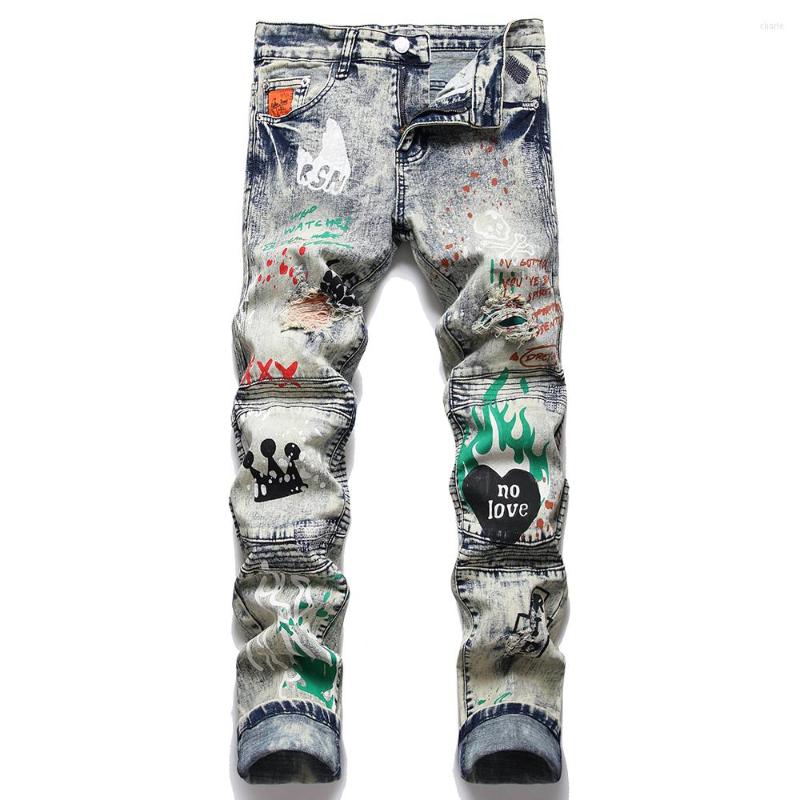 

Men's Jeans Men Printed Stretch Denim Streetwear Patchwork Painted Biker Pants Holes Ripped Distressed Slim Tapered Trousers, Blue