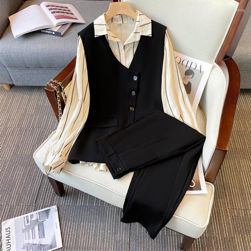 Women's Two Piece Pants Autumn Women 3 Matching Suit Long Sleeve Stripe Shirt And Vest Top Midi Set Outfit Office Lady Slim Clothing, Khaki suit
Women's Two Piece Pants Autumn Women 3 Matching Suit Long Sleeve Stripe Shirt And Vest Top Midi Set Outfit Office Lady Slim Clothing, Khaki suit