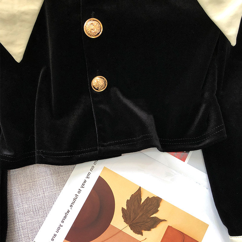 Womens French style color block blouse turn down collar velvet fabric single breasted shirt short tops MLXLXXL