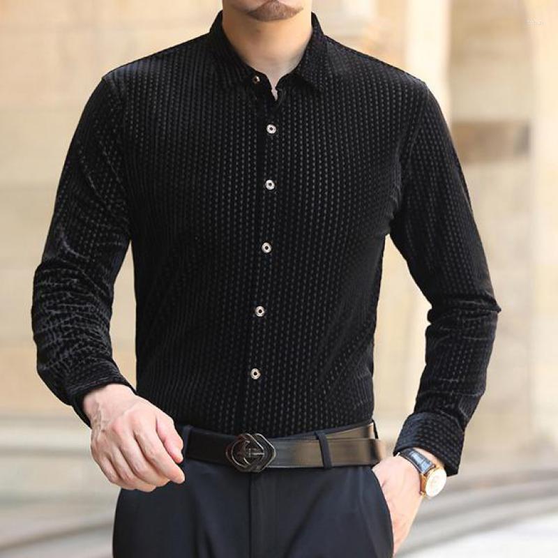 Men's Casual Shirts Claret Velour Dress For Mens Burgundy Velvet Gentleman Elegant Clothing Large Sizes Business Top Quality Warm, Black