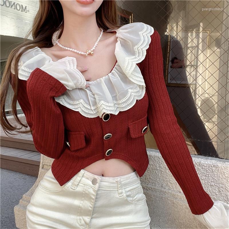 Women's Knits 2022 Fashion Short Black Red White Sweater Sweet Ruffled Lace Stitching Knit Cardigan Long Sleeve Slim Top Bottoming Shirt
Women's Knits 2022 Fashion Short Black Red White Sweater Sweet Ruffled Lace Stitching Knit Cardigan Long Sleeve Slim Top Bottoming Shirt