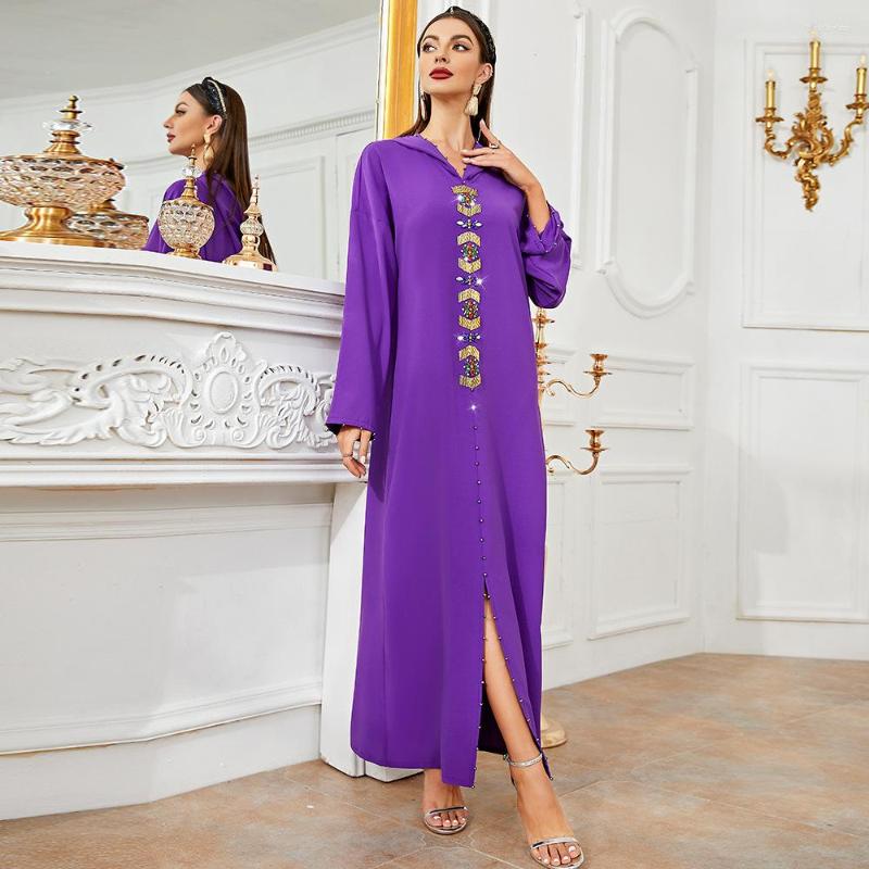 Ethnic Clothing Dark Purple Hand Sewn Diamond Gold Tube Dress Dubai Arabian Robe Maxi 2022 Kaftan Abayas Djellaba Moroccan Vestidos