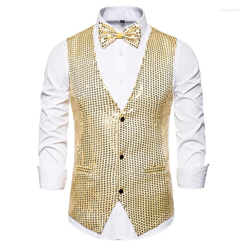 Men' Vests Mens Sequin Vest Shiny Gold Suit V-Neck Party Dress Waistcoat Bowtie 2 Pieces Set Disco Stage Prom Male Chaleco, Sliver 
Men' Vests Mens Sequin Vest Shiny Gold Suit V-Neck Party Dress Waistcoat Bowtie 2 Pieces Set Disco Stage Prom Male Chaleco, Sliver
