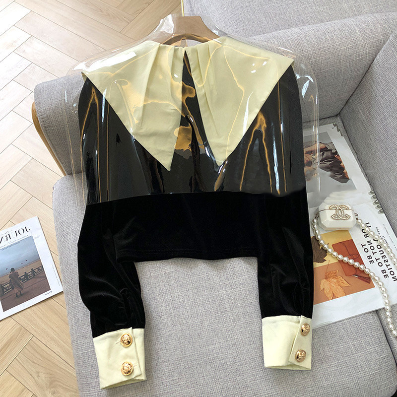 Womens French style color block blouse turn down collar velvet fabric single breasted shirt short tops MLXLXXL
