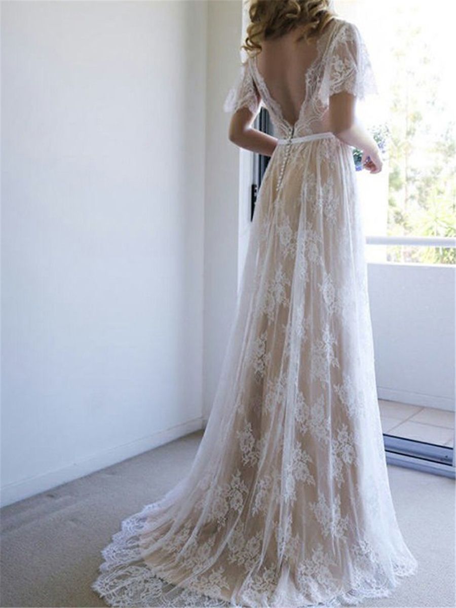 Boho Lace Wedding Dresses Bridal Gown Beach Country Scalloped Short Sleeves V Neck Ribbon Sweep Train A e Custom Made Plus Size Vestido De Novia estid