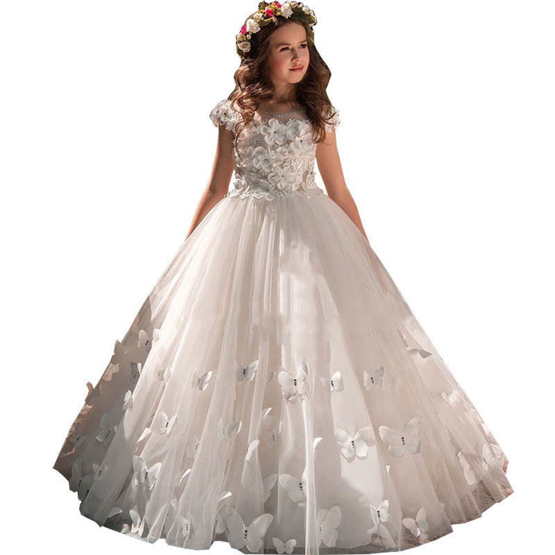 Cute white Little Girls Pageant Dresses 3D Floral Appliques Toddler Ball Gown Flower Girl Dress Floor Length Tulle First Communion Gowns