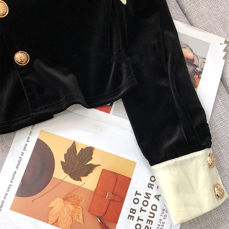Womens French style color block blouse turn down collar velvet fabric single breasted shirt short tops MLXLXXL