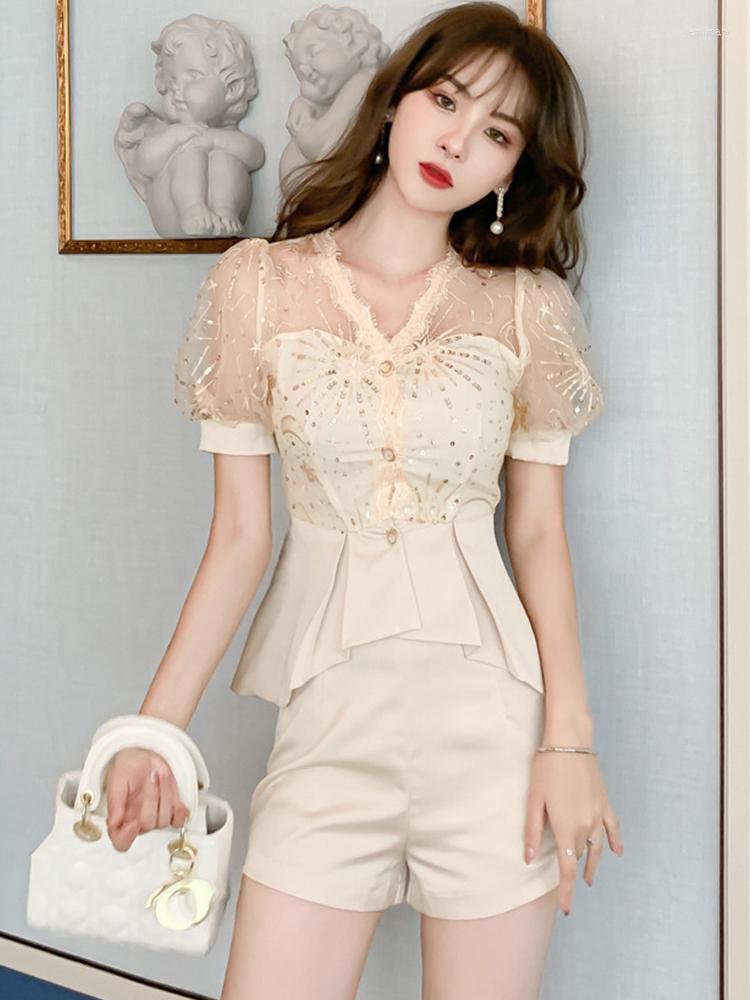 Women' Tracksuits Summer Sexy Sweet Women 2 Pieces Sets Shiny Sequin Sheer Mesh Spliced Satin Puff Sleeve Single Breasted Shirt Shorts, Apricot
Women' Tracksuits Summer Sexy Sweet Women 2 Pieces Sets Shiny Sequin Sheer Mesh Spliced Satin Puff Sleeve Single Breasted Shirt Shorts, Apricot
