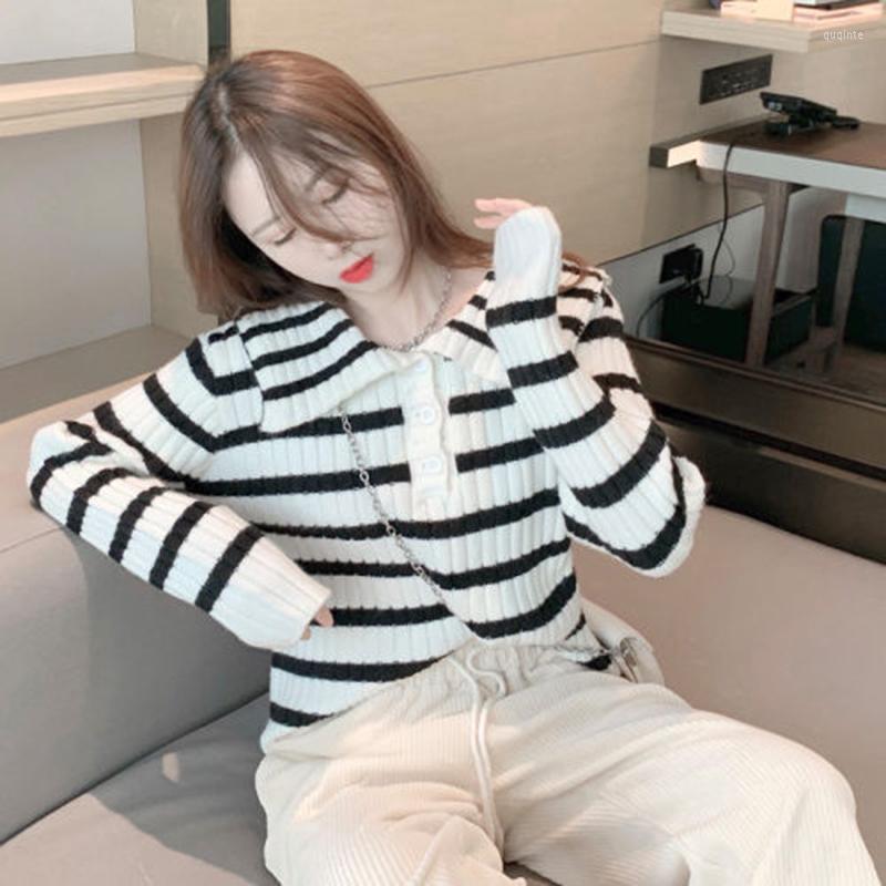 

Women's Sweaters Women Pull Sailor Collar Striped Korean Fashion Loose Autumn Winter Vintage Pullovers, White