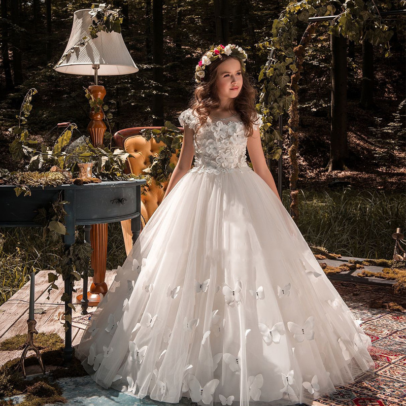 Cute white Little Girls Pageant Dresses 3D Floral Appliques Toddler Ball Gown Flower Girl Dress Floor Length Tulle First Communion Gowns