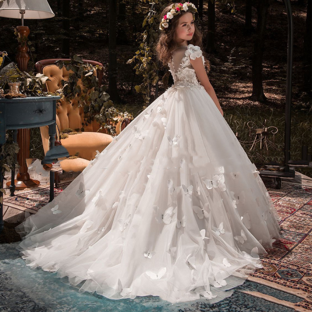 Cute white Little Girls Pageant Dresses 3D Floral Appliques Toddler Ball Gown Flower Girl Dress Floor Length Tulle First Communion Gowns