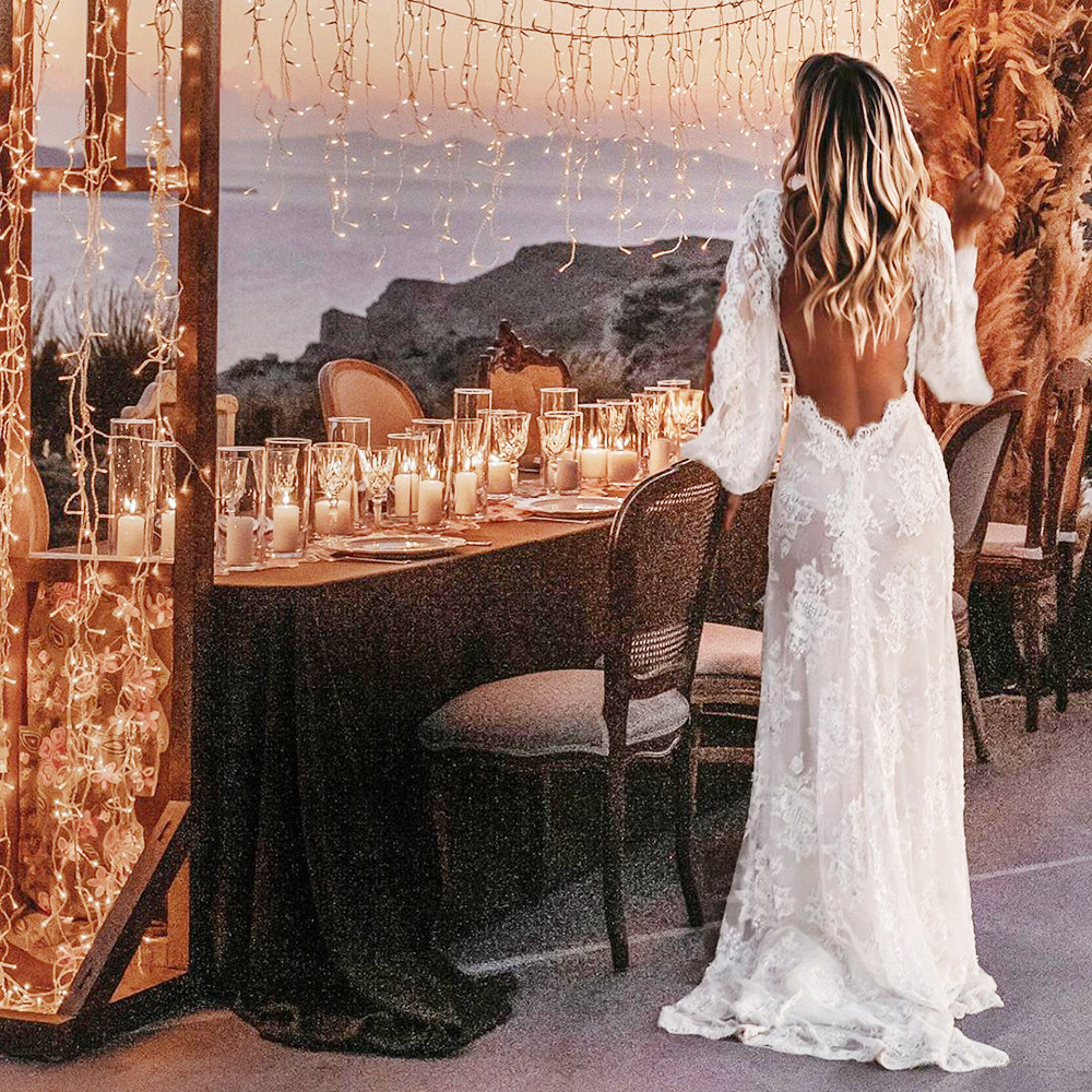 Sexy Backless Lace Boho V Neck Opening Sleeve Beach Wedding Dress Casual Summer Vestido de novia
