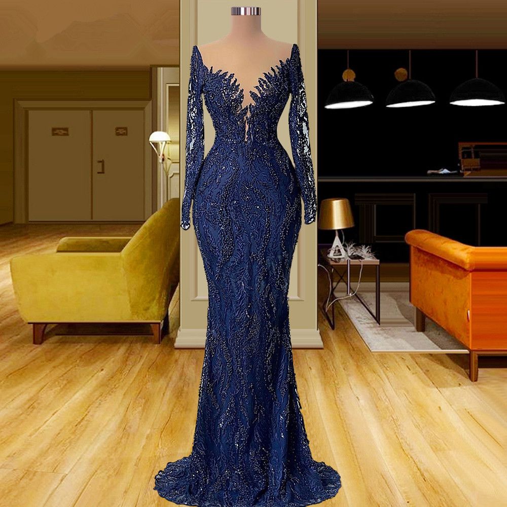 Navy Blue Mermaid Prom Dresses Lace Beaded Illusion Long Sleeves Sheer V Neck Arabic Aso Ebi Fishtail Evening Dress, Sage
Navy Blue Mermaid Prom Dresses Lace Beaded Illusion Long Sleeves Sheer V Neck Arabic Aso Ebi Fishtail Evening Dress, Sage