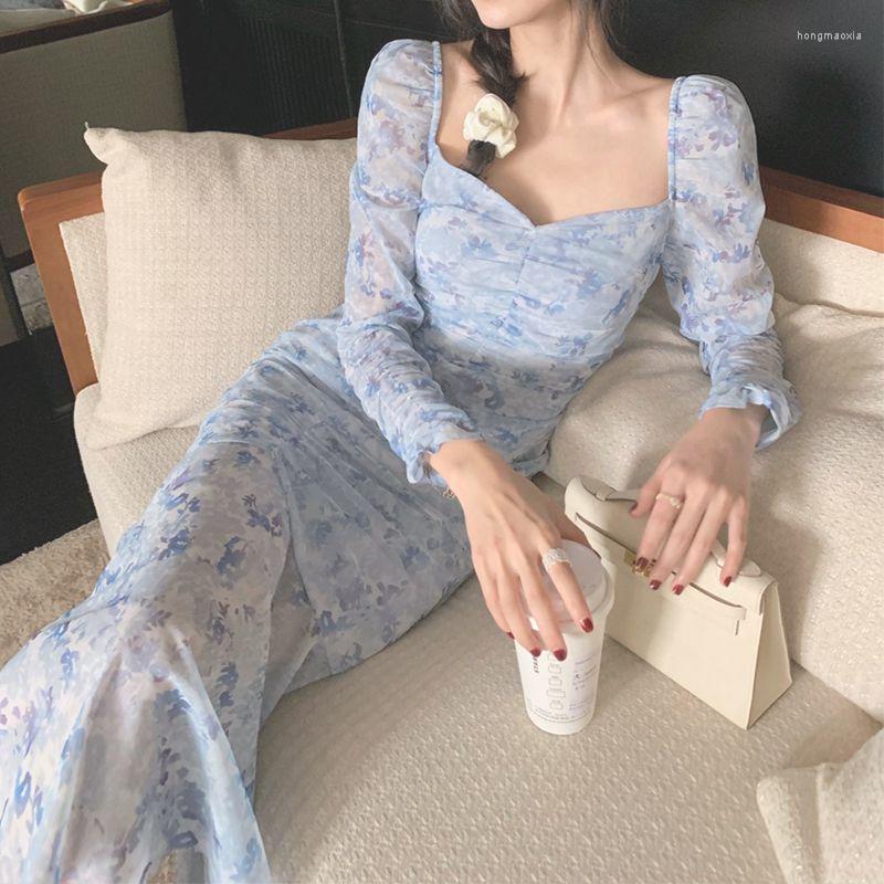 Casual Dresses Summer Chiffon Elegant Dress Women Vintage French Print Floral Long Female V-neck Holiday Party Clothes 2022, Blue-short 
Casual Dresses Summer Chiffon Elegant Dress Women Vintage French Print Floral Long Female V-neck Holiday Party Clothes 2022, Blue-short