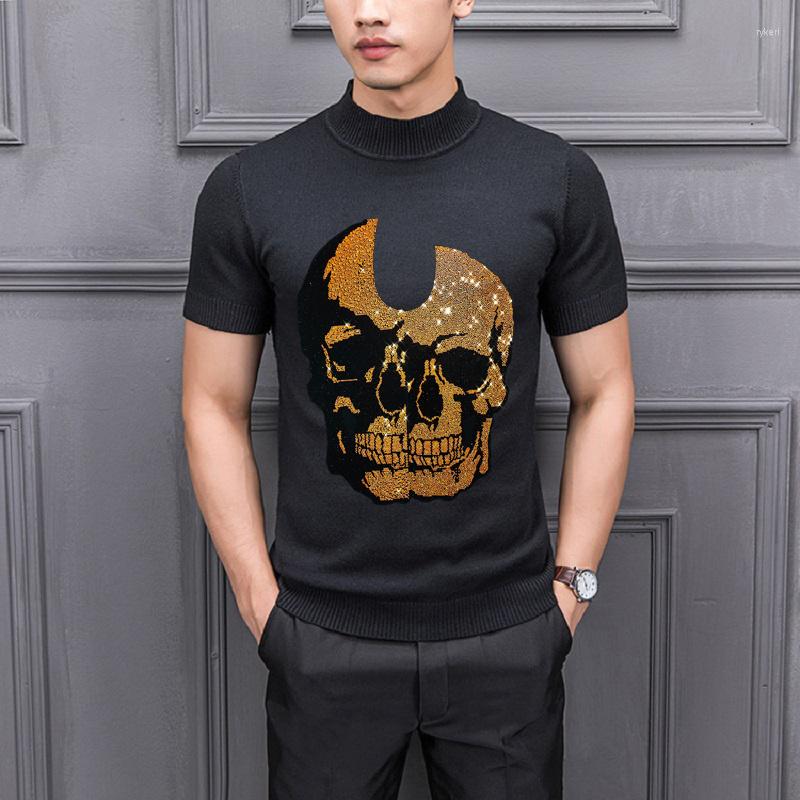 

Men's Sweaters Super Exaggerated Self-Cultivation Big Skull Men's T-Shirt Personality Factory Wholesale Sweater Drilling Knit Short, As shown asian size