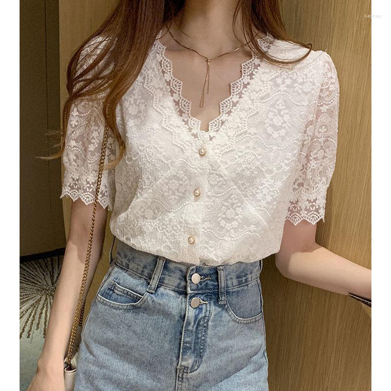 Women' Blouses Fashion Embroidery Button Korean Sweet White Sexy V-Neck Hollow Out Short Sleeve Lace Shirt Women' Summer Clothing 2022
Women' Blouses Fashion Embroidery Button Korean Sweet White Sexy V-Neck Hollow Out Short Sleeve Lace Shirt Women' Summer Clothing 2022