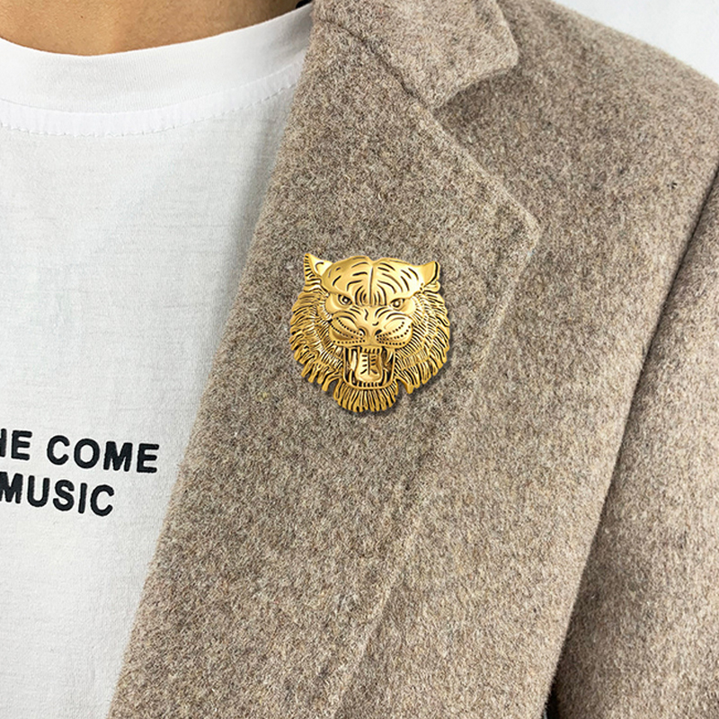 Metal Tiger Brooch Silver Gold Men Animal Tiger Head Brooches Suit Lapel Pin for Gift Party