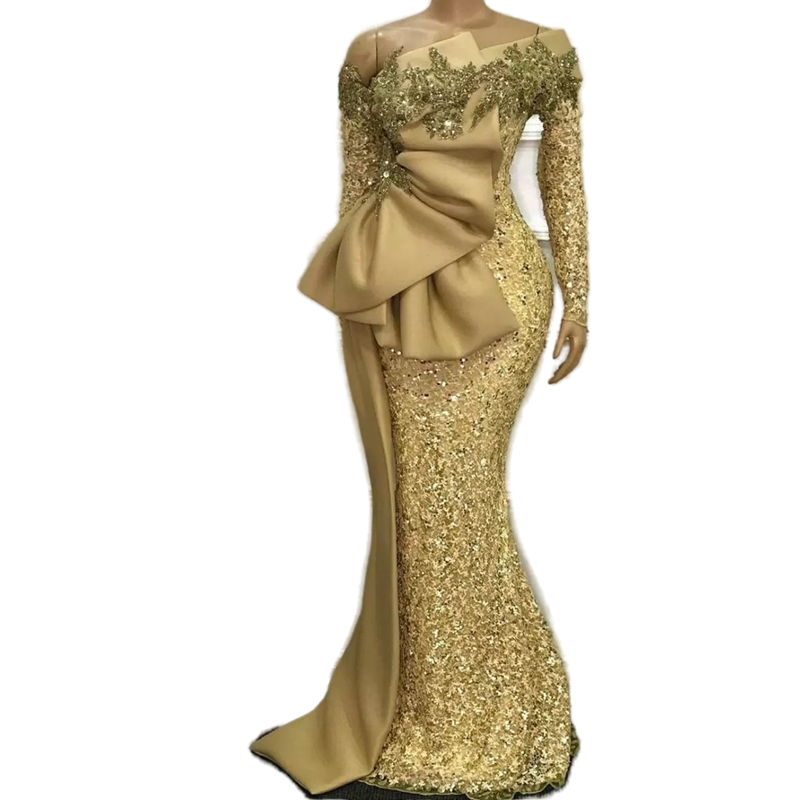 Elegant African Evening Dresses 2023 Long Sleeves Sequined Mermaid Formal Dress Aso Ebi Gold Beaded Lace Appliques Prom Gowns Robe De Soiree Arabic Du