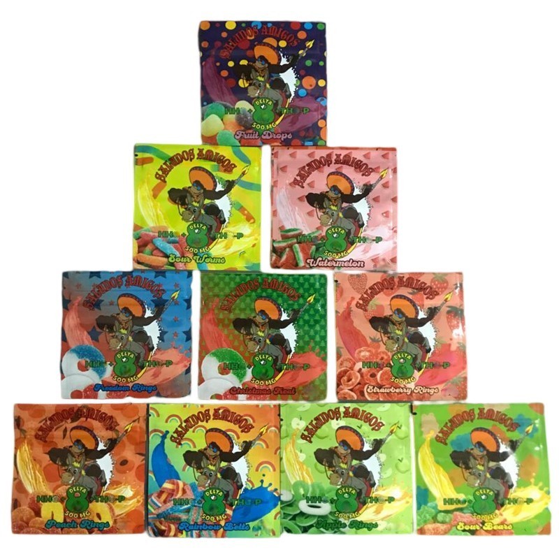 500mg Saludos Amiggos edibles Packaging Bags 10 types Delta Rainbow Belts Sour Bears worms Gummies candy bag christmas treat fruit drops peach rings gummy baggies
500mg Saludos Amiggos edibles Packaging Bags 10 types Delta Rainbow Belts Sour Bears worms Gummies candy bag christmas treat fruit drops peach rings gummy baggies