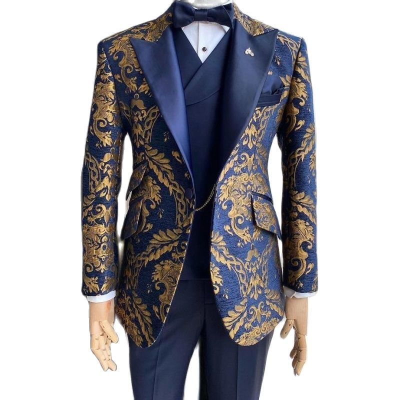 Men's Suits Blazers Jacquard Floral Tuxedo for Men Wedding Slim Fit Navy Blue and Gold Gentleman Jacket with Vest Pant 3 Piece Male Costume 22110
