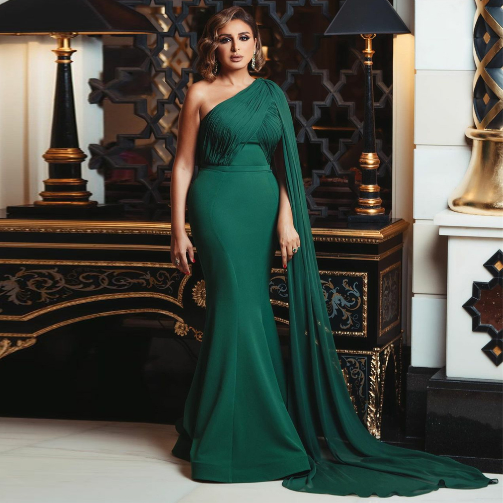 One Shoulder Mermaid Evening Dresses Emerald Green Chiffon Side Wrap Prom Gowns Long Satin Special Ocn Dress 0218