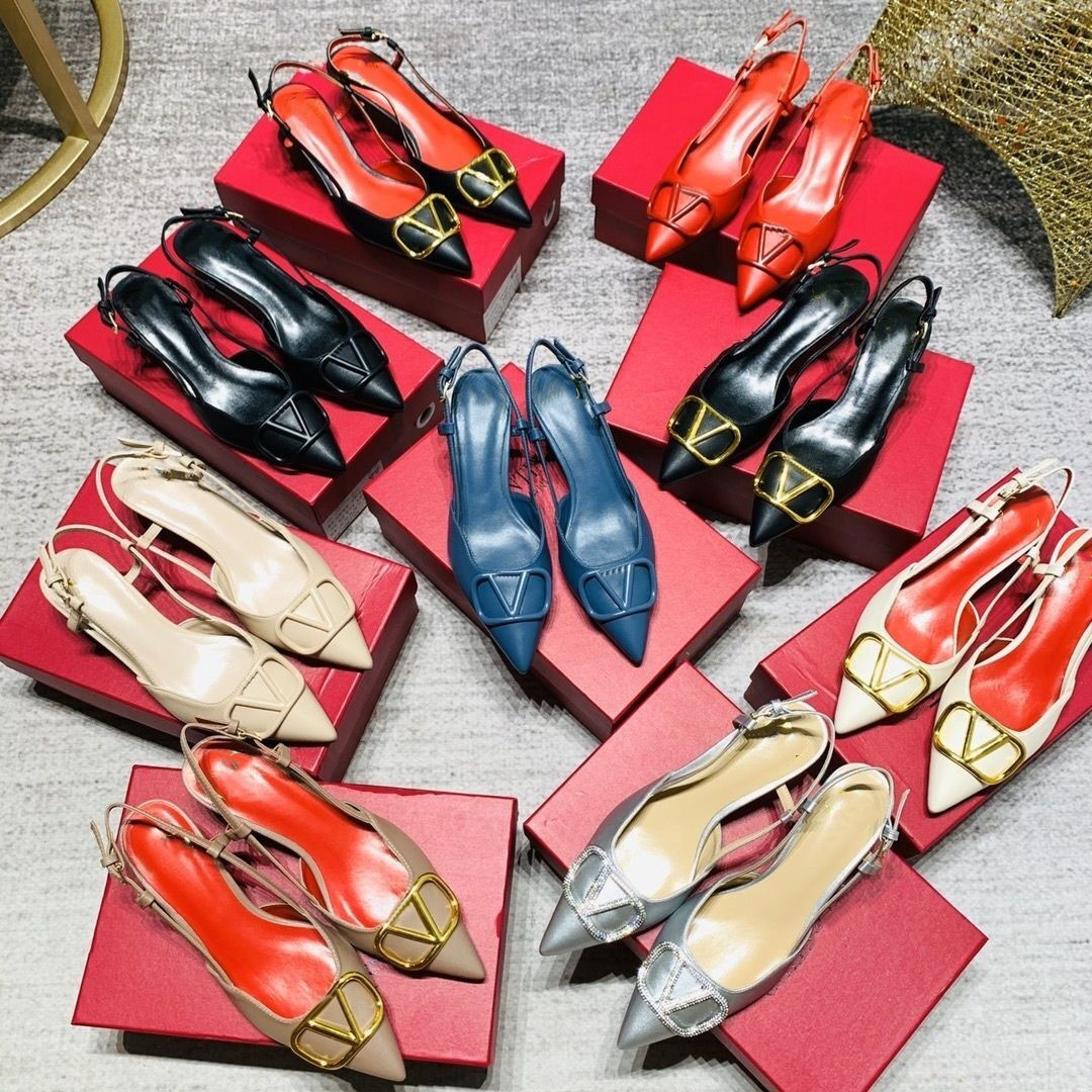 

Designer Sandals Metal Buckle Pointed High Heel Shoes with Box Summer New Classics Women Genuine Leather Wedding Shoes 4cm 6cm 8cm 10cm Thin Heels Big Size 44, Red