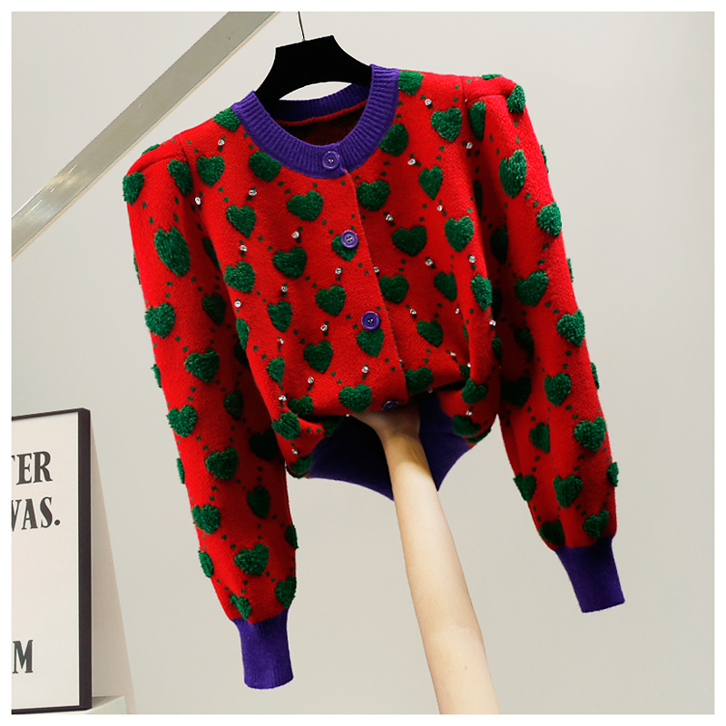 Womens o-neck color block sweater puff long sleeve love heart jacquard rhinestone luxury sweater cardigan coat