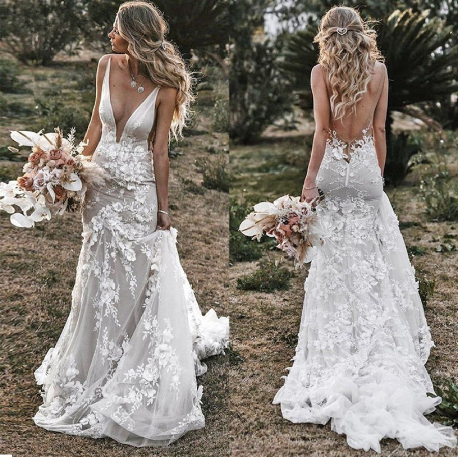 Vintage Mermaid Spaghetti Wedding Dress V-neck Backless Lace Appliques 3D Flowers Country Bridal Gown Plus Size Custom Made Free shipping