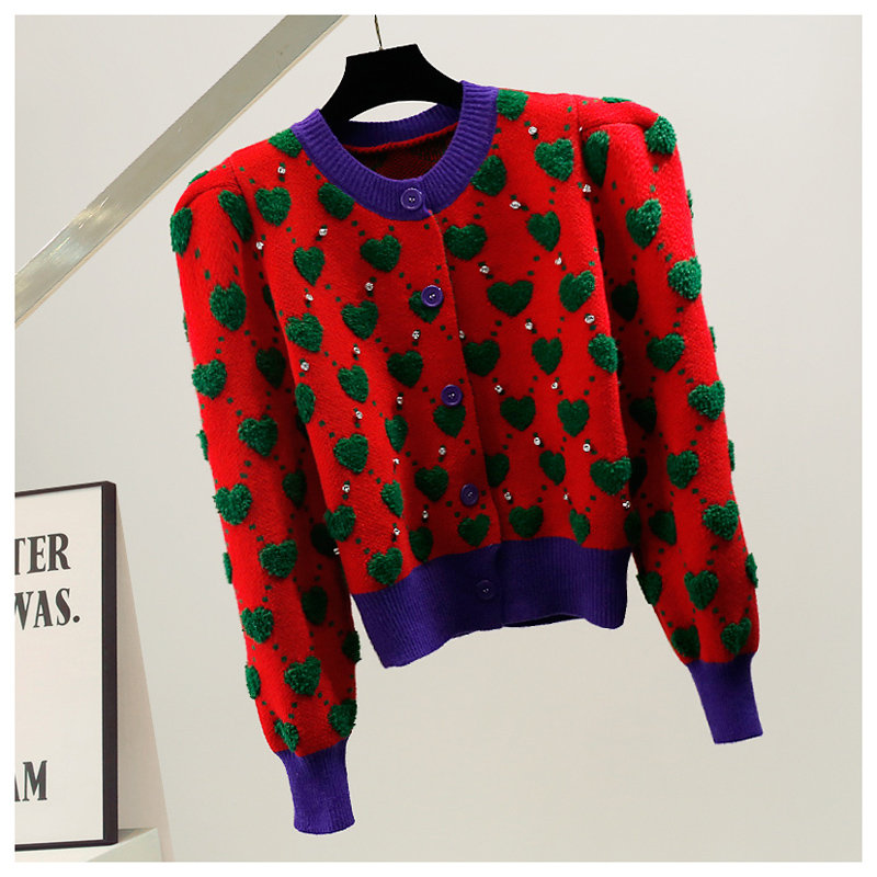 Womens o-neck color block sweater puff long sleeve love heart jacquard rhinestone luxury sweater cardigan coat