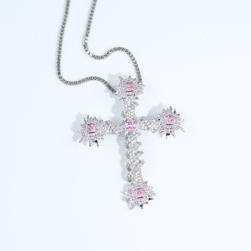Hip Hop Cross Necklace: Sier Plated 5A Pink Cubic Zirconia Rose wer Pendant w/ Rope Chain for Men Women